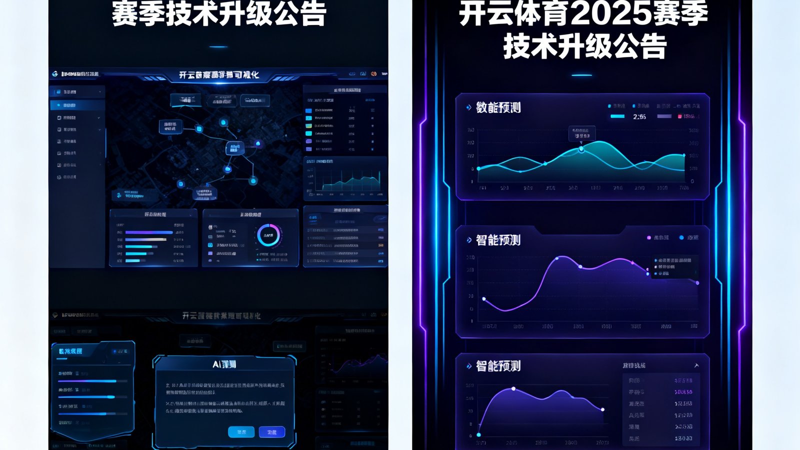 开云体育2025赛季技术升级公告配图，展示全新的数据可视化界面和AI预测模块的升级前后对比，科技感十足的深色UI设计