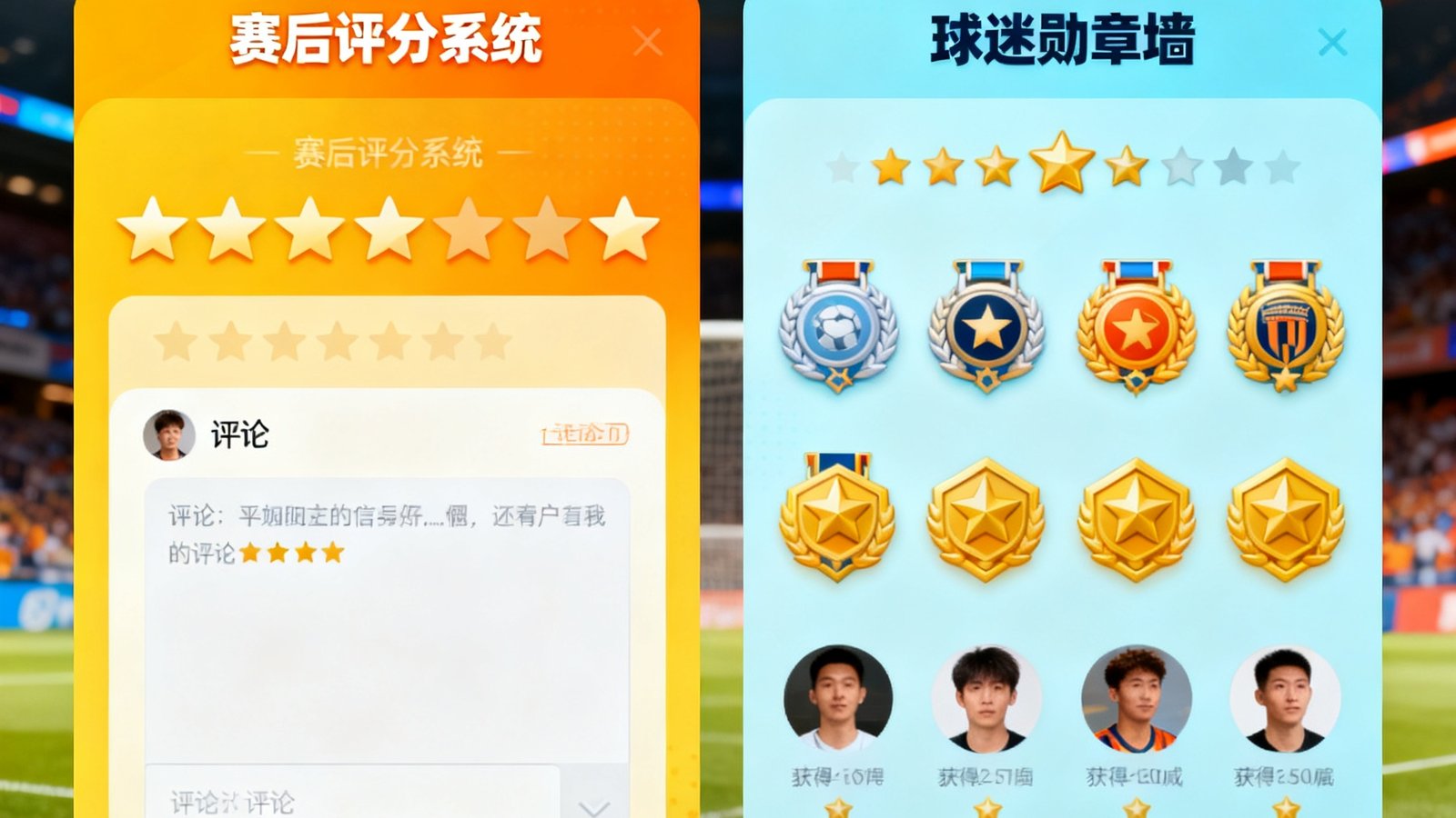 开云体育社区功能更新，展示全新上线的赛后评分系统和球迷勋章墙界面，色彩活泼的社区互动设计